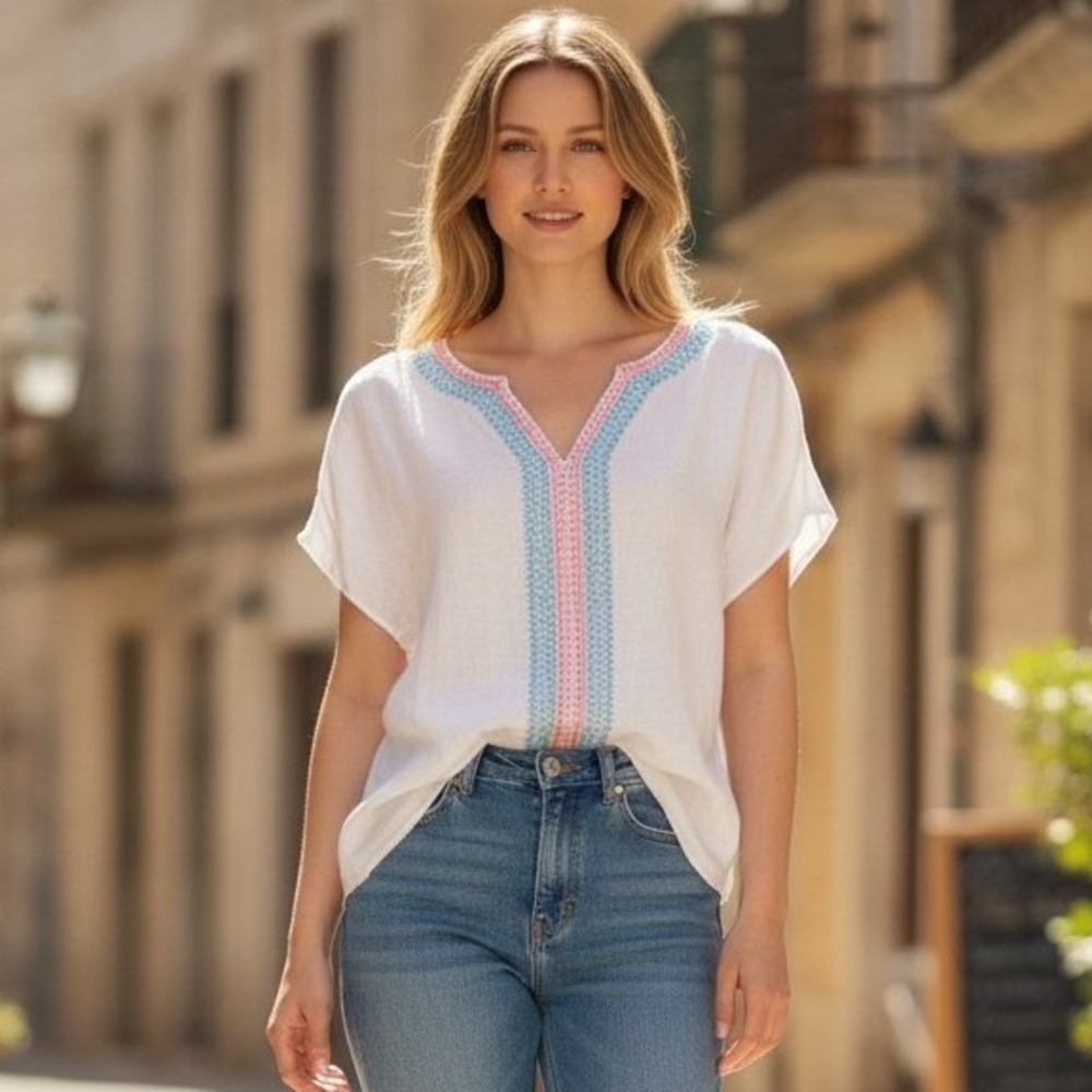 House of Harlow 1960 Womens White 100% Linen Embroidered V-Neck Top Size M